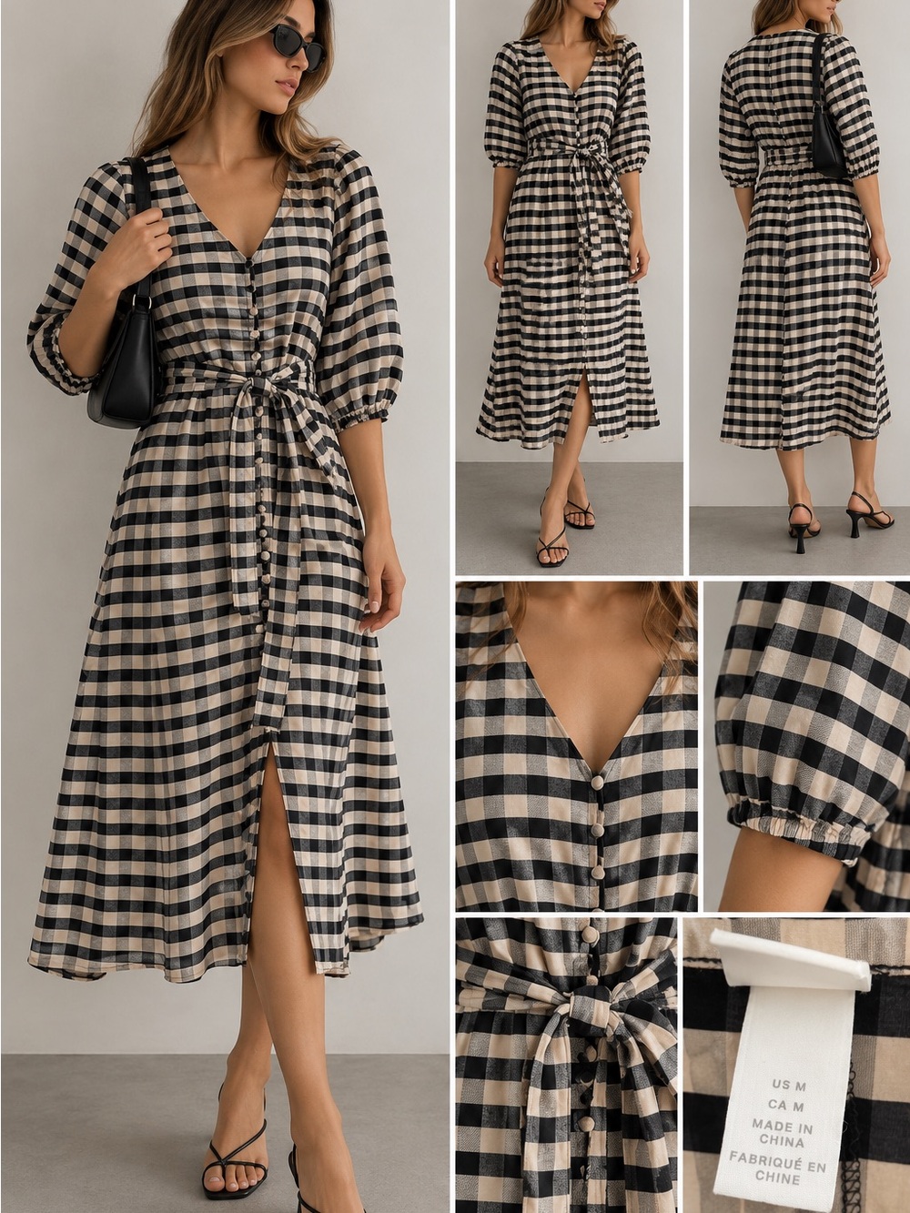 H&M Black & Cream Gingham Tie-Waist Midi Dress